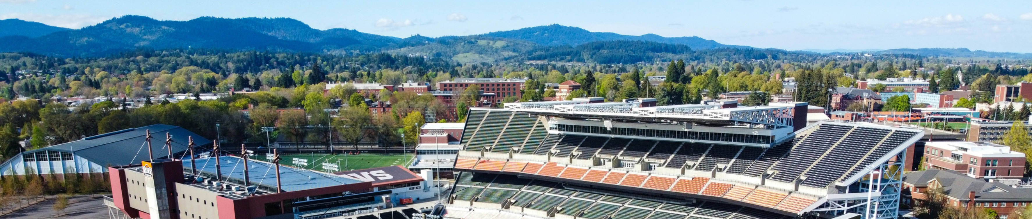 A bird's-eye view of Corvallis, Oregon, near Reser Stadium on the Oregon State University campus